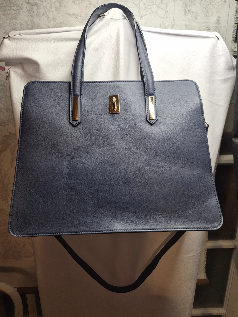 Italian Vera Pelle Genuine Leather Navy Satchel Tote Purse Gold Hardware